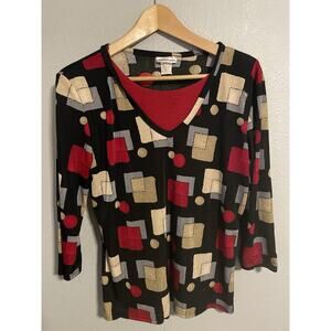 Vintage Tape Measure Women Top Large Abstract Print Stretch 3/4 Sleeve Artsy Y2K
